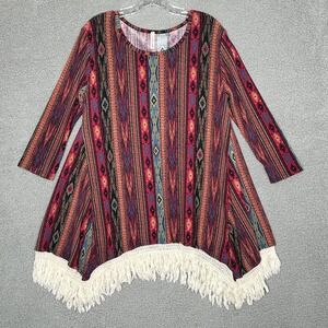 Orange Creek Top Womens Medium Red Black‎ Boho Tribal Fringed Hippie Festival